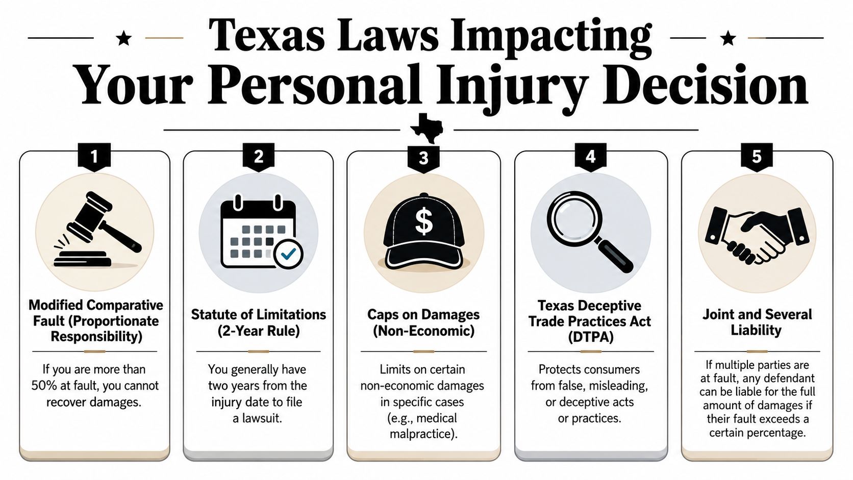 An infographic detailing five key Texas laws that impact personal injury claims and legal decision making.