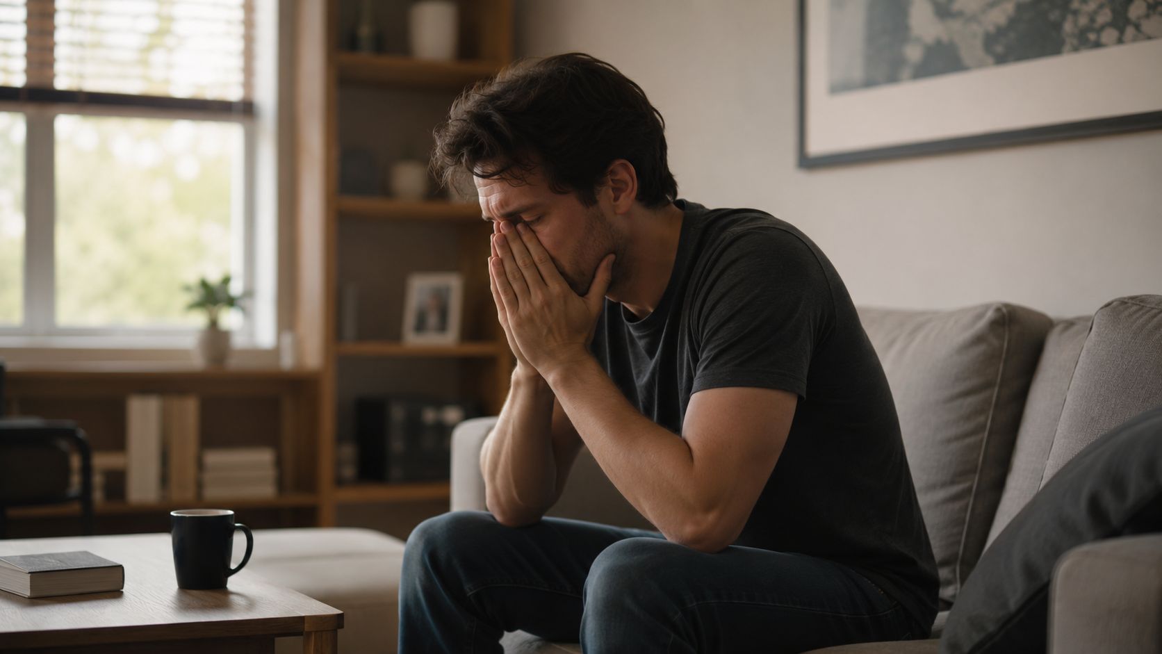 A distressed man sitting on a couch with his face in his hands looking stressed.
