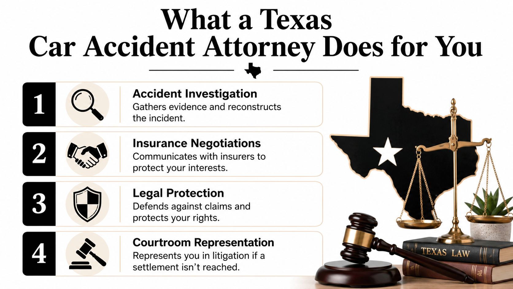 A four-step infographic illustrating the responsibilities of a Texas car accident attorney for legal representation.