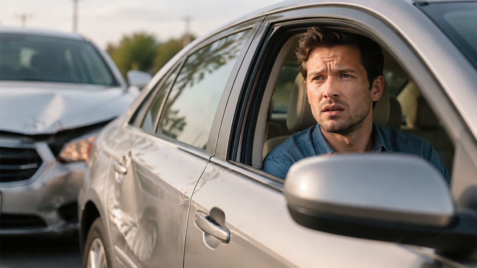 A concerned driver sits in his damaged silver car after being involved in a minor road collision.