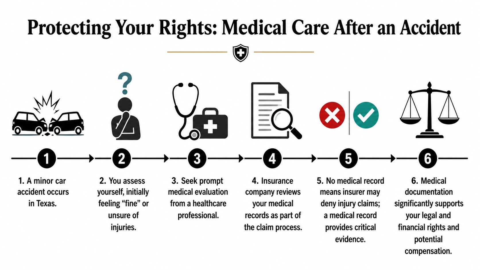A six-step infographic illustrating why you should seek medical attention after a minor car accident in Texas.