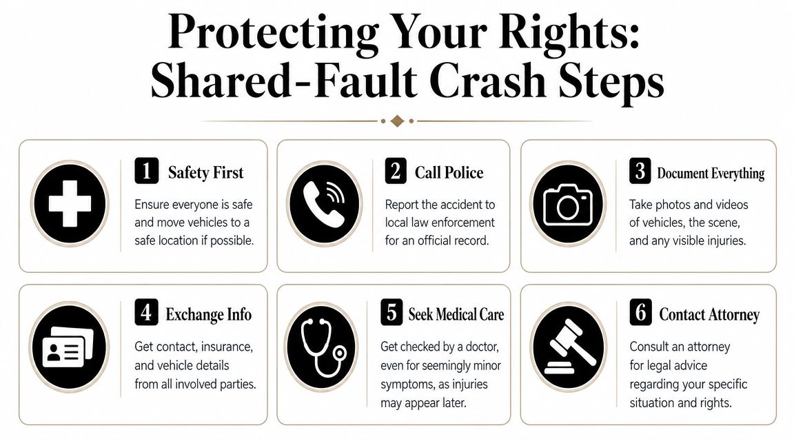 An infographic illustrating six recommended steps to take following a shared-fault car accident to protect your rights.