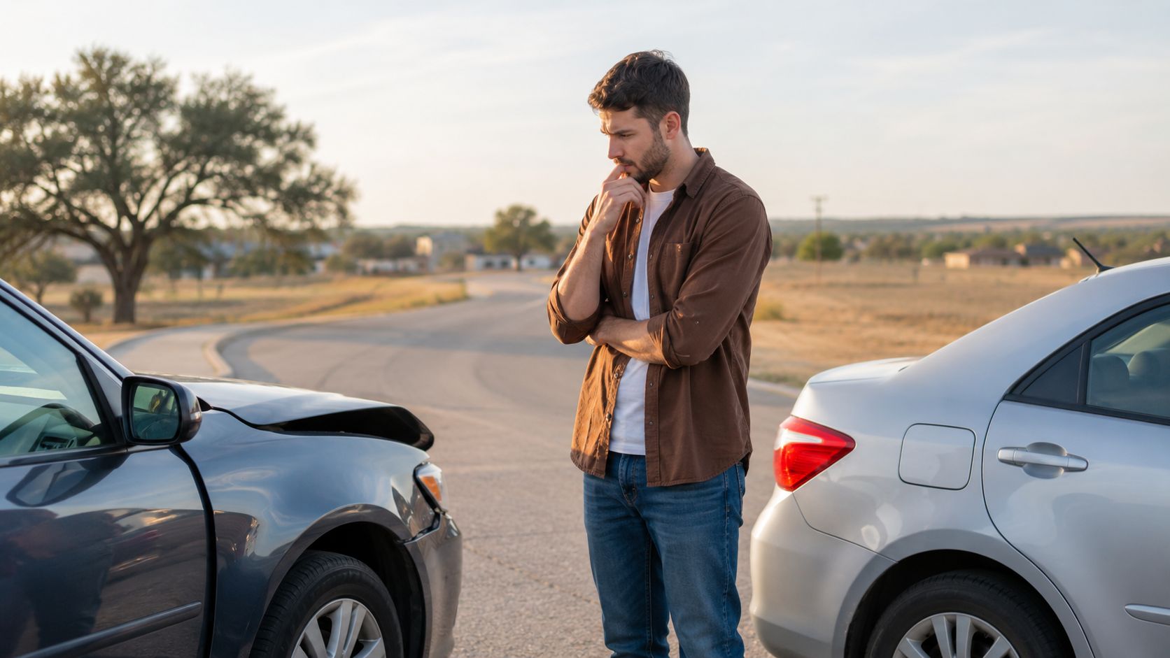 A concerned man stands between two vehicles after a car accident on a rural road.
