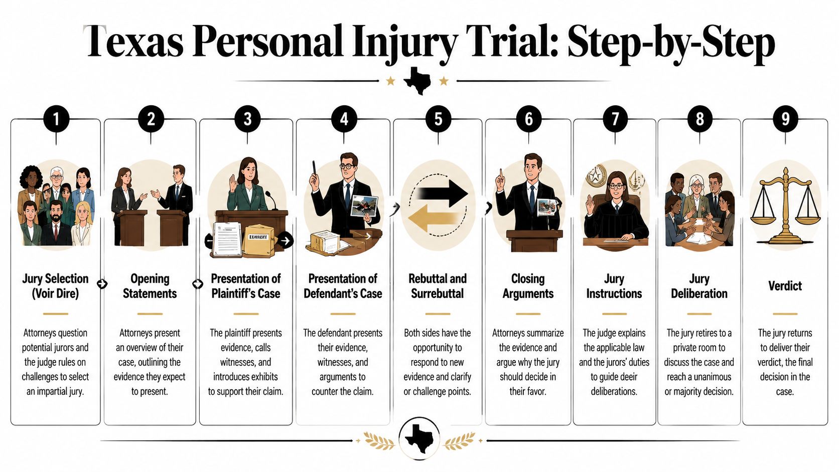 An infographic showing the nine step-by-step process of a personal injury trial in Texas.