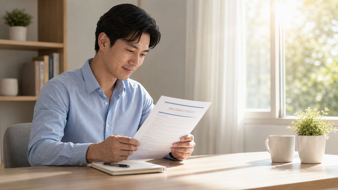 A professional man sitting at a desk reviewing an insurance policy document in a bright home office.
