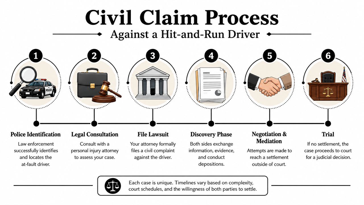 A six-step infographic illustrating the legal process of filing a civil claim against a hit-and-run driver.