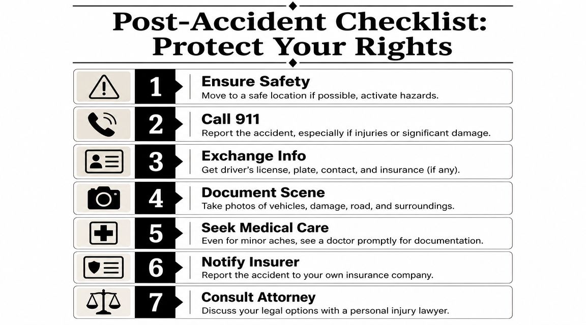 A seven-step post-accident checklist graphic illustrating important safety and legal steps to take after a car crash.