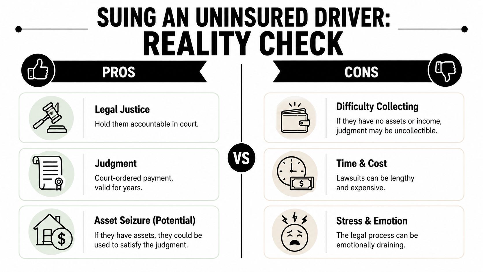 An infographic comparing the pros and cons of suing an uninsured driver in a legal dispute.