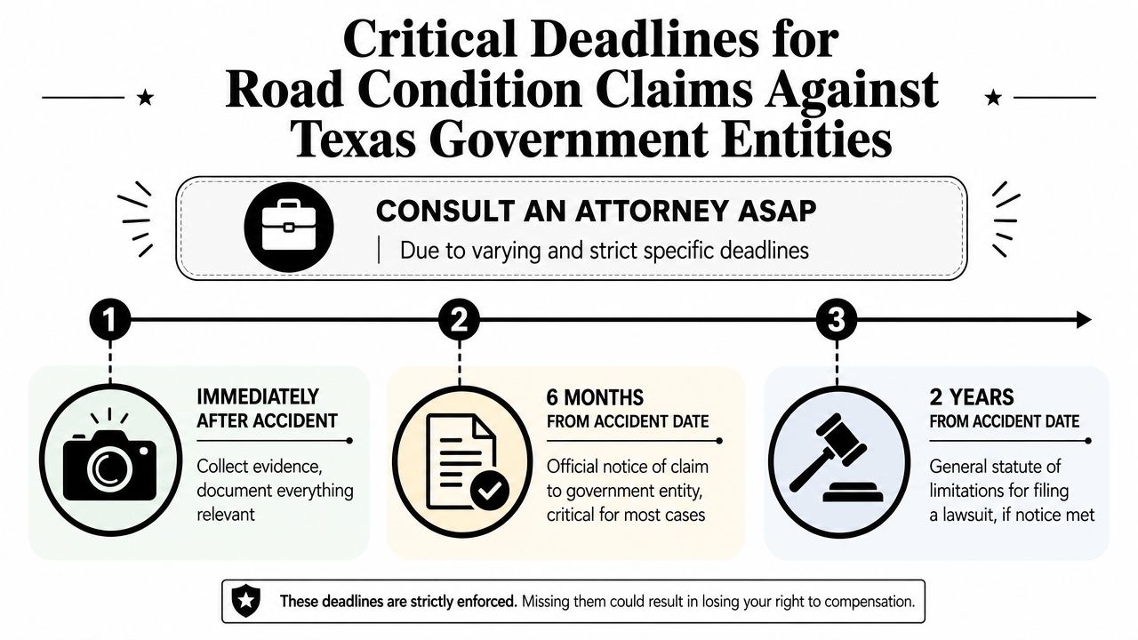 A timeline graphic outlining critical deadlines for filing road condition accident claims against Texas government entities.
