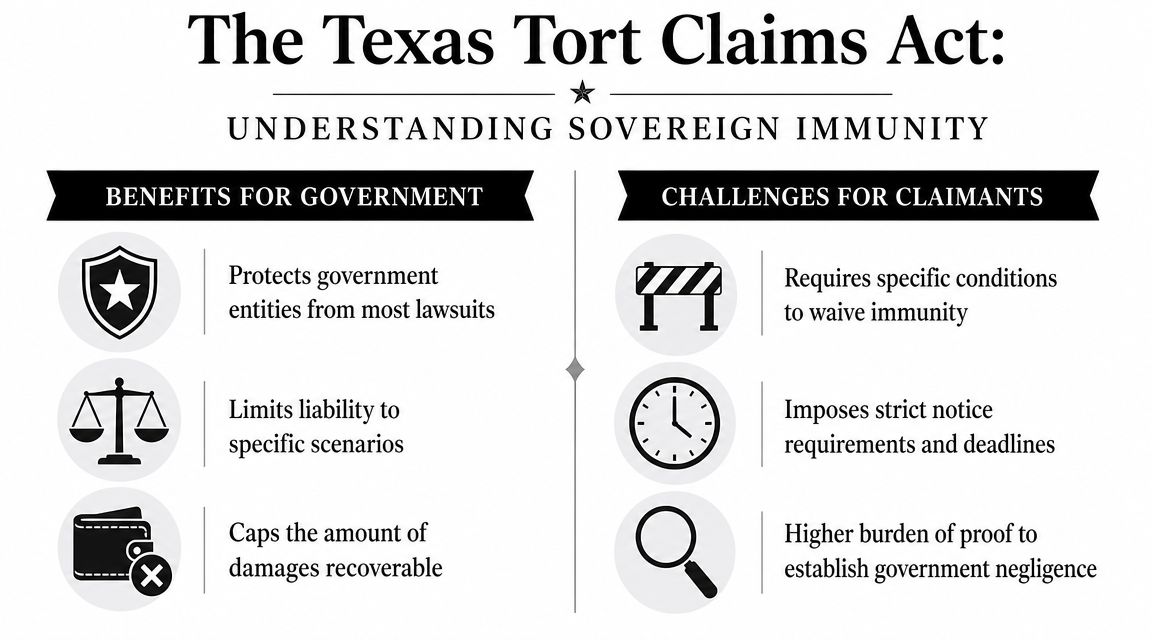 An infographic detailing the benefits for government and challenges for claimants under the Texas Tort Claims Act.