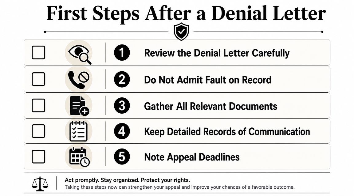 A checklist infographic titled First Steps After a Denial Letter outlining five key actions for managing claims.