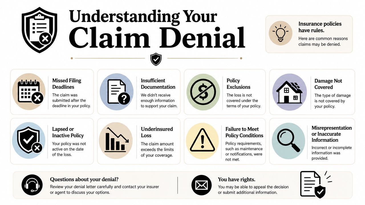 An infographic titled Understanding Your Claim Denial detailing common reasons insurance claims are rejected and advice.