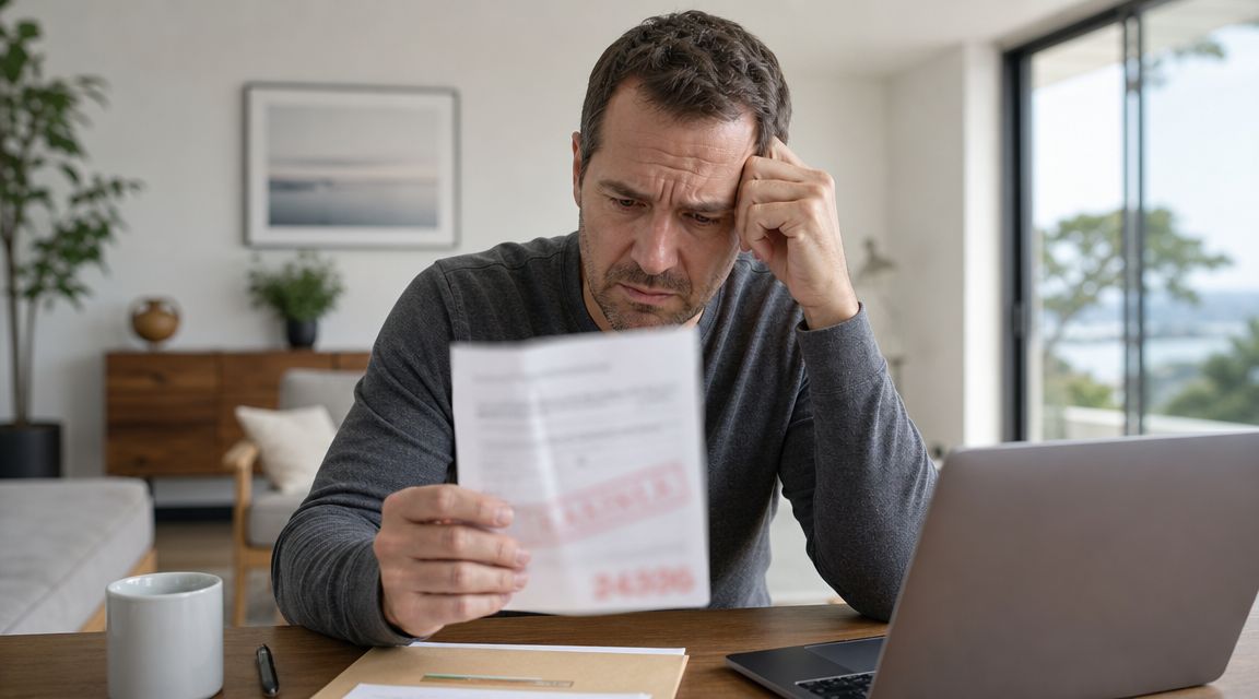 A concerned man sitting at a desk reviewing a formal financial document with a red stamp.