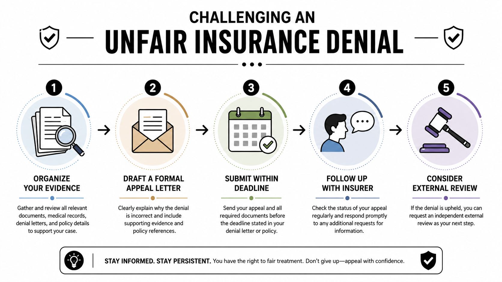 A five-step infographic guide on the process for challenging an unfair insurance claim denial.