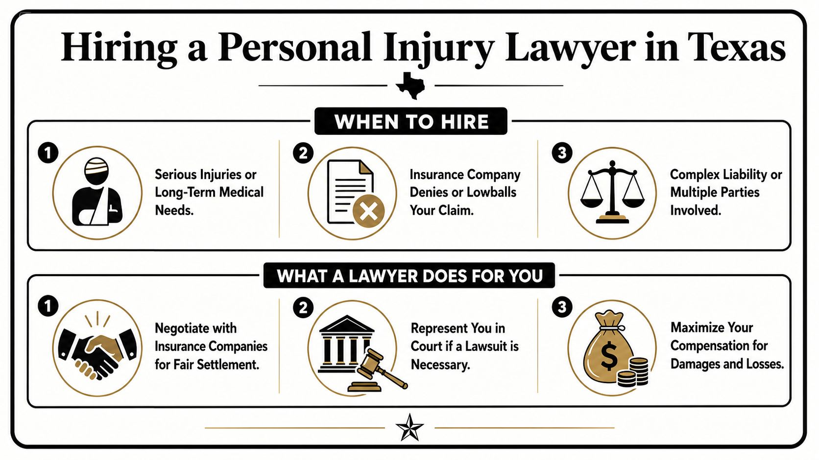 An infographic titled Hiring a Personal Injury Lawyer in Texas outlining when to hire and services provided.