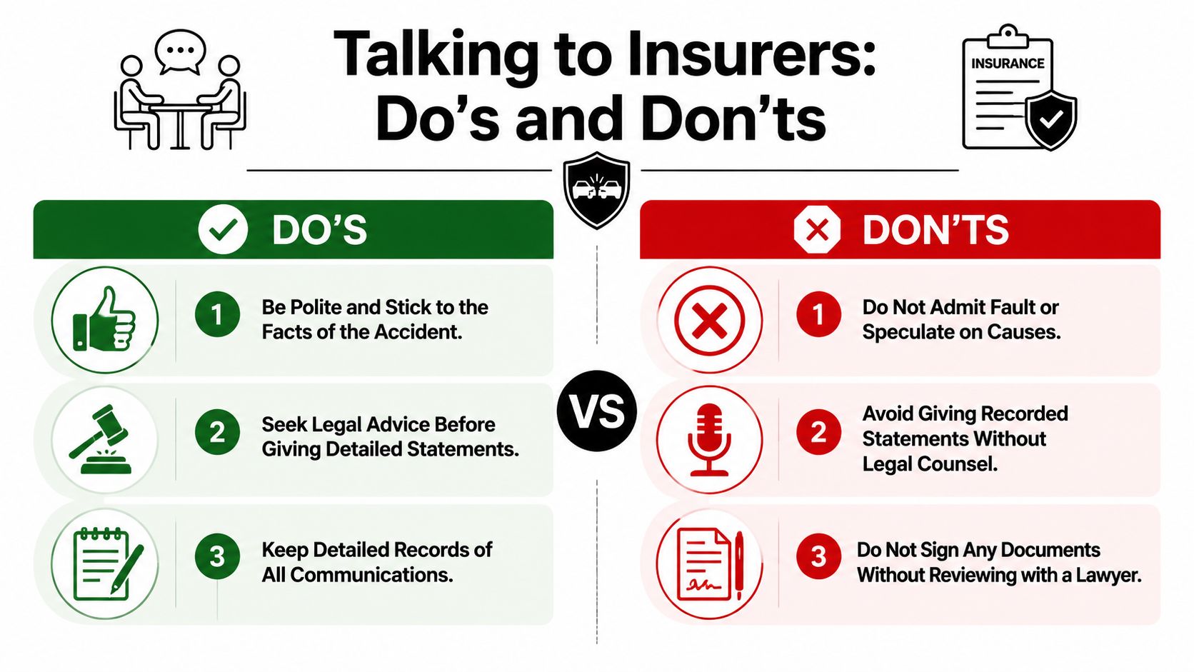 An infographic showing tips for talking to insurers including do's and don'ts for accident claims.