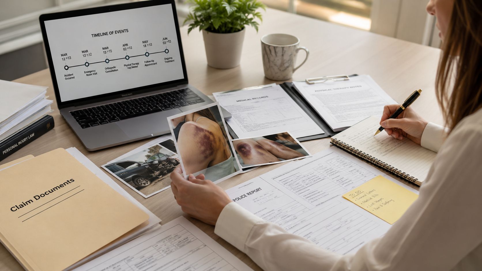 A legal professional reviewing personal injury claim documentation, medical photos, and accident reports at a desk.