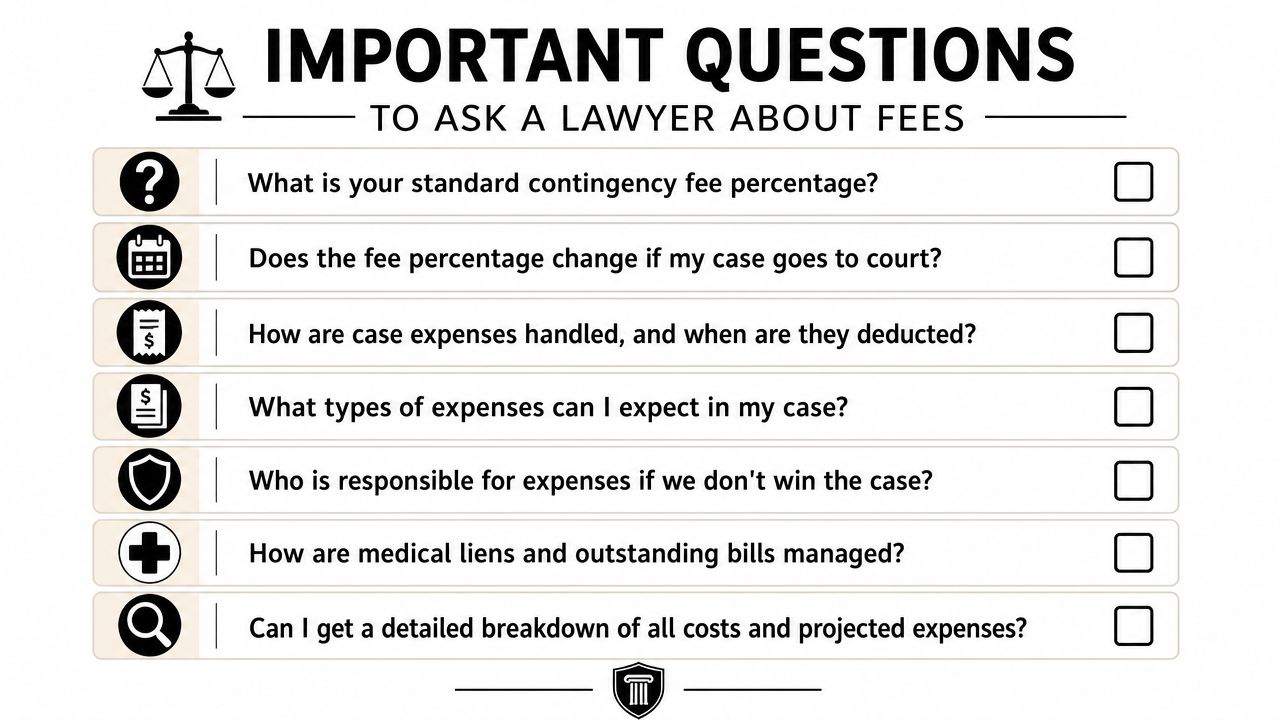 A checklist of important questions to ask a lawyer about legal fees and expenses.