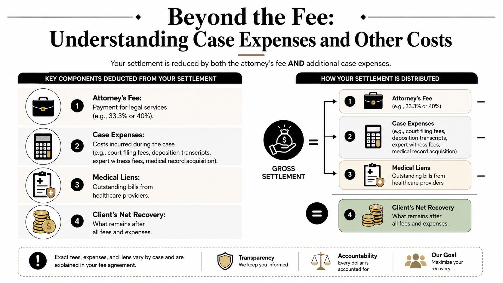 An infographic explaining how a gross legal settlement is distributed between attorney fees, expenses, and client recovery.