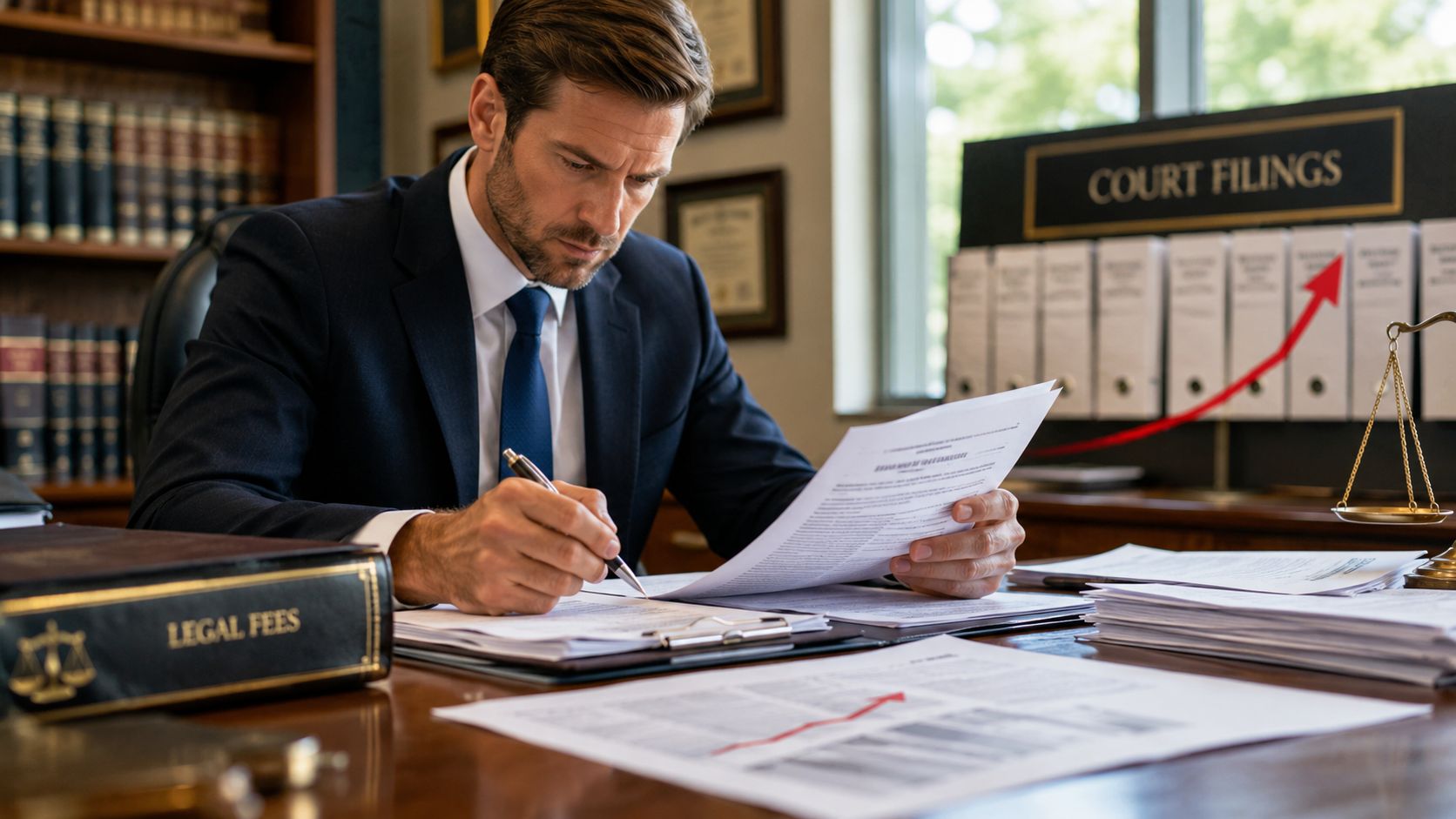 A professional lawyer in a suit reviewing legal documents at his desk in a law office.