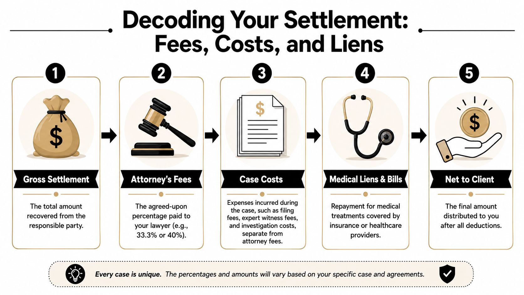 A five-step infographic explaining how personal injury settlement money is distributed to clients after various deductions.