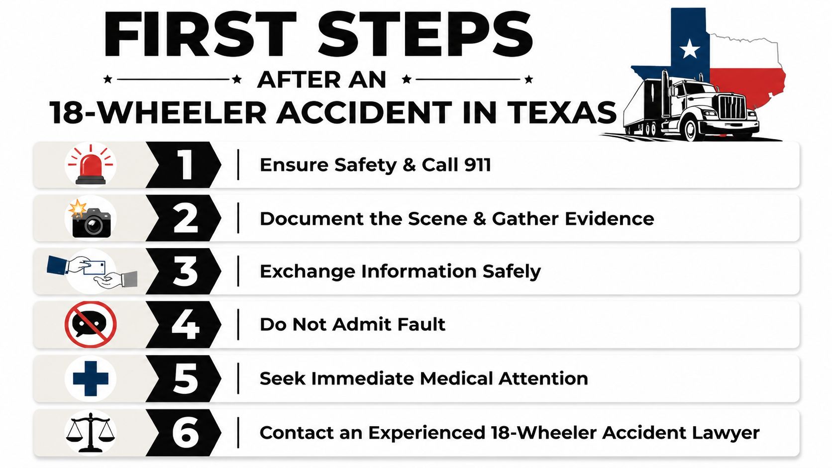 A helpful infographic showing six essential steps to take after being involved in an 18-wheeler accident.