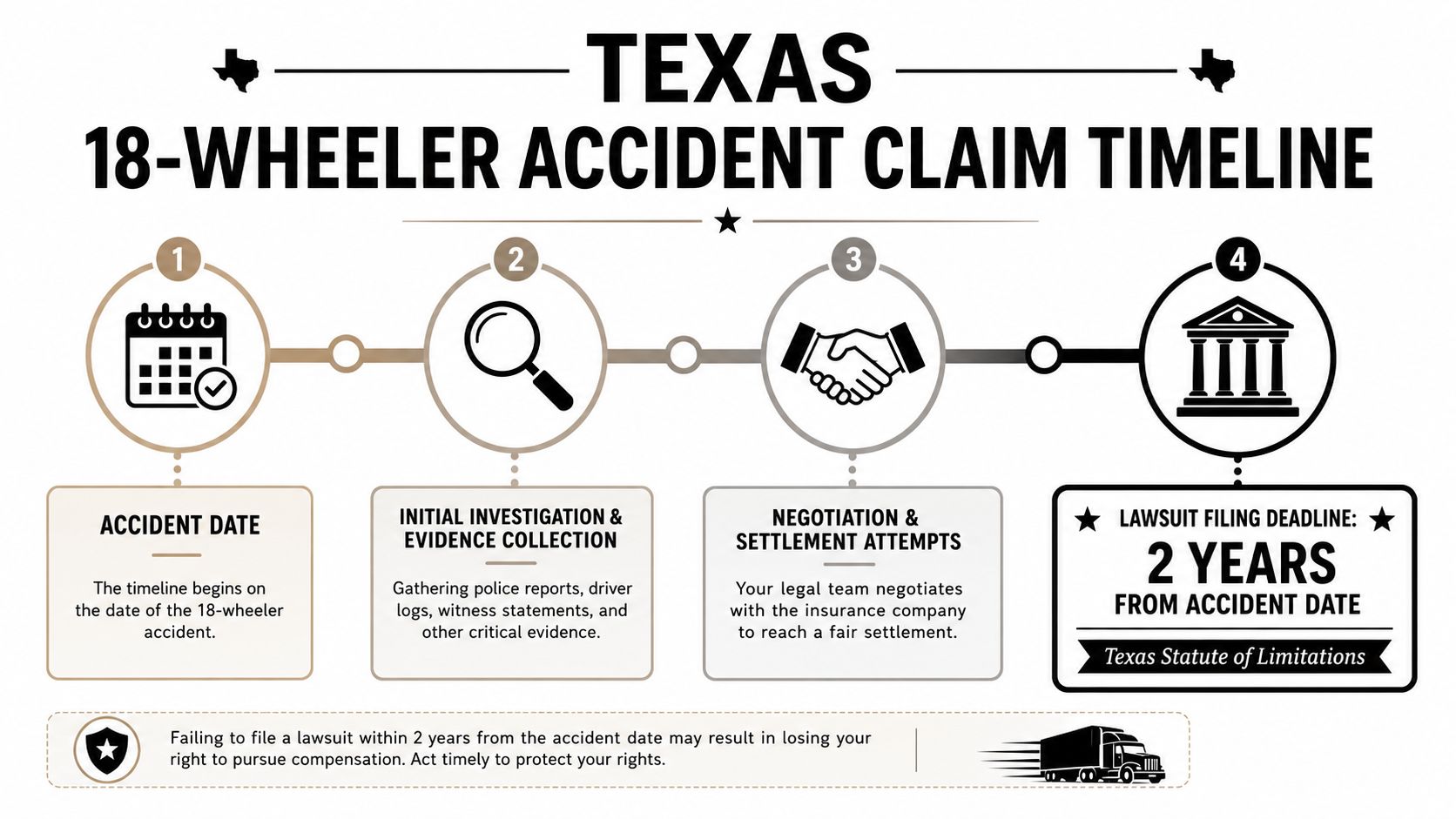 A flowchart detailing the four-step legal timeline for filing an 18-wheeler accident claim in Texas.