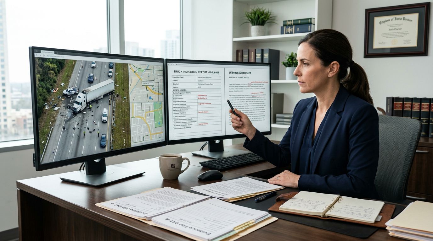 A professional lawyer reviewing evidence of an 18-wheeler truck accident on her computer monitors in an office.