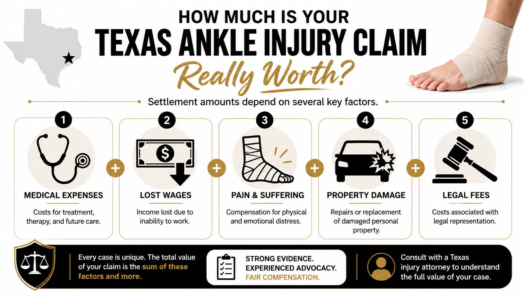An infographic showing five key factors that influence the total settlement value of a Texas ankle injury claim.