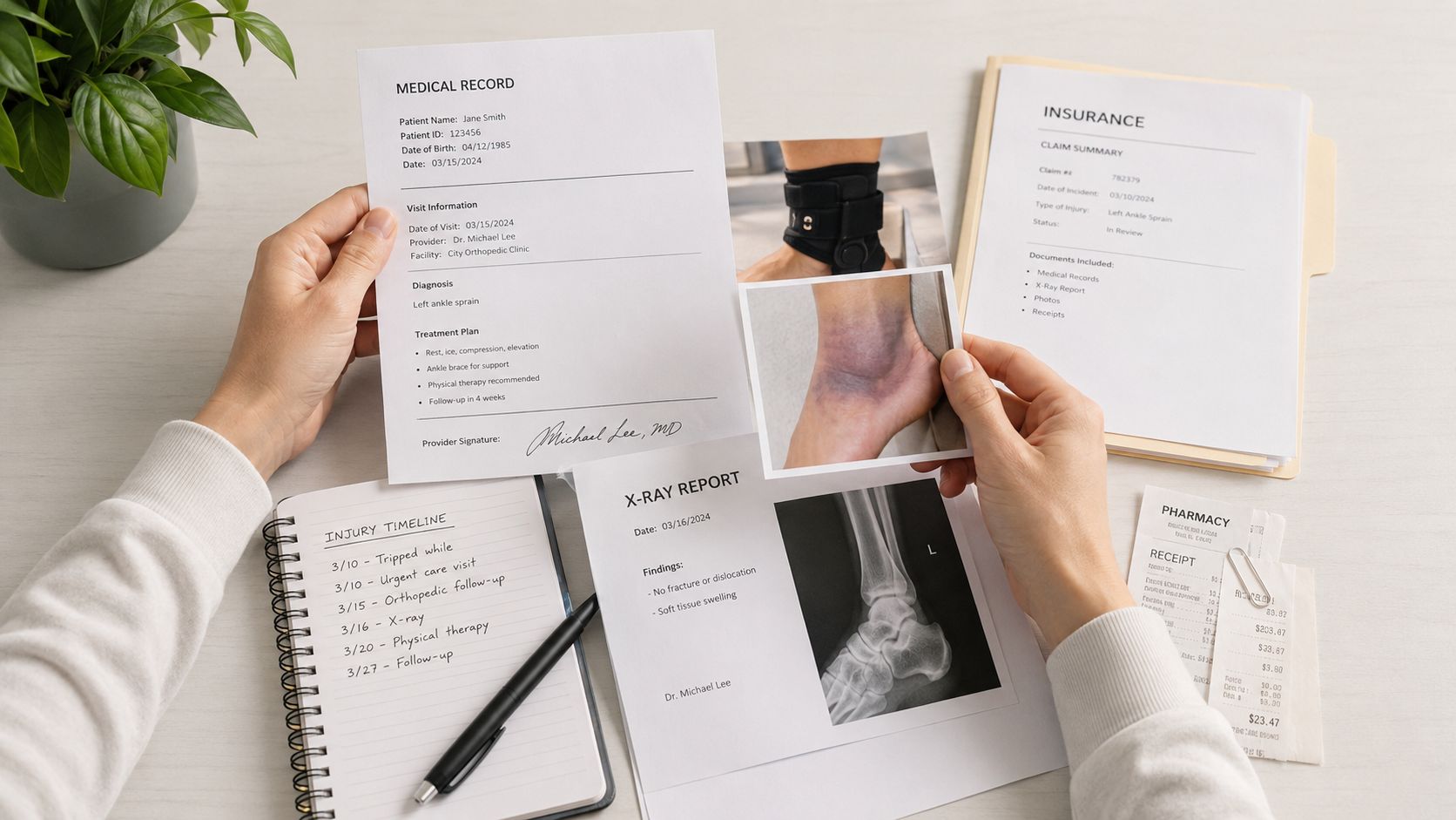 A person reviewing medical records, x-rays, and insurance documents related to an ankle injury on a desk.