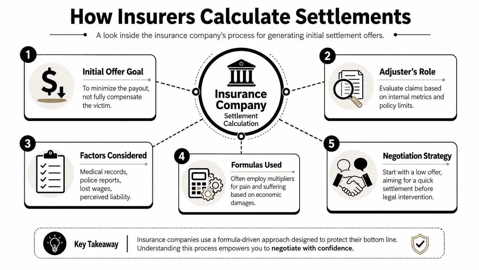 An infographic explaining how insurance companies calculate initial settlement offers through a systematic, profit-oriented process.