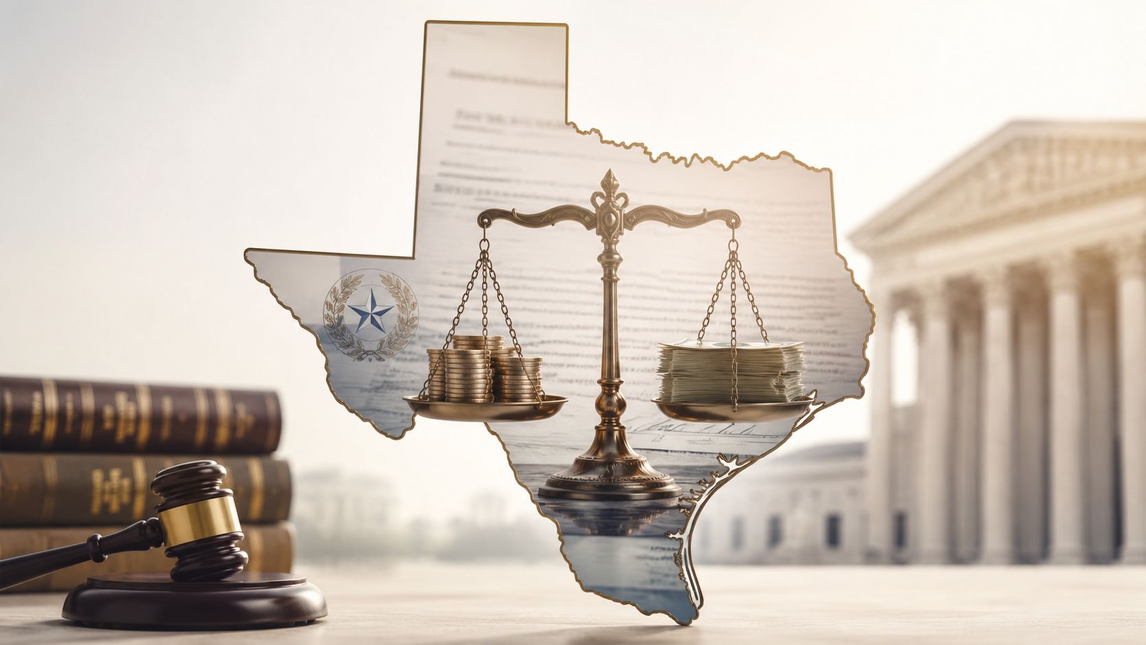 A gavel and law books beside a Texas state outline displaying legal scales weighing money and coins.