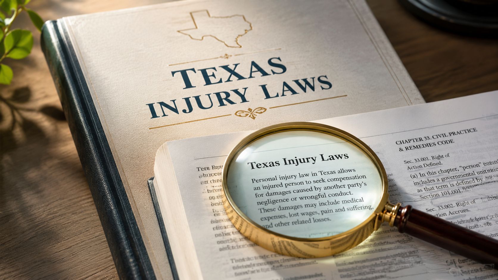 A magnifying glass resting on an open law book titled Texas Injury Laws, explaining legal compensation principles.