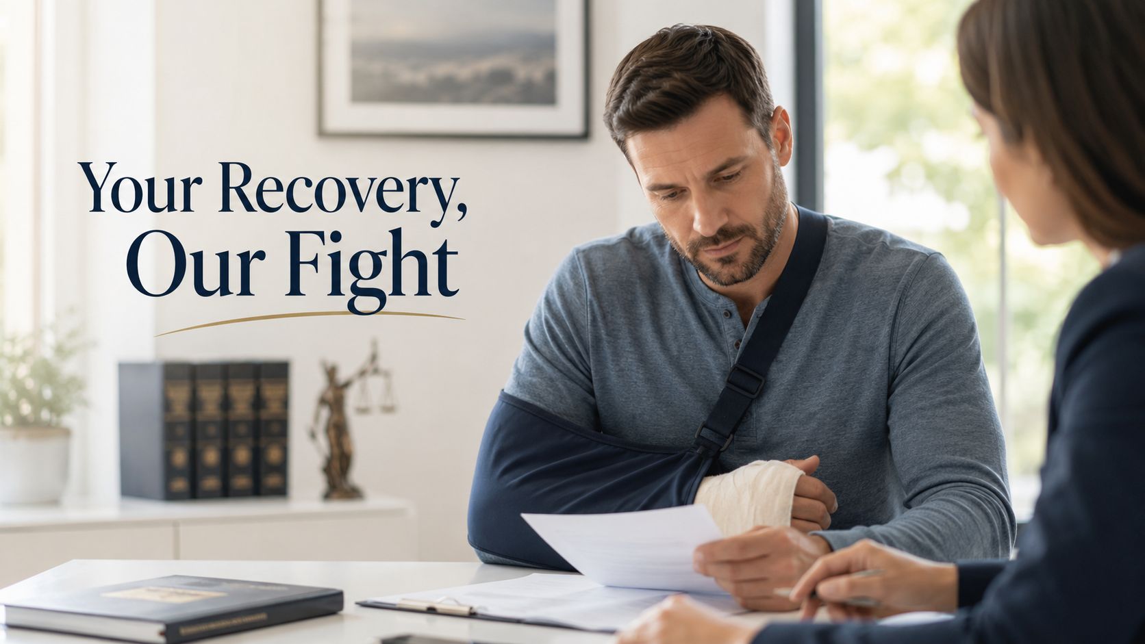 A man with a broken arm in a sling meets with a lawyer to discuss his recovery.