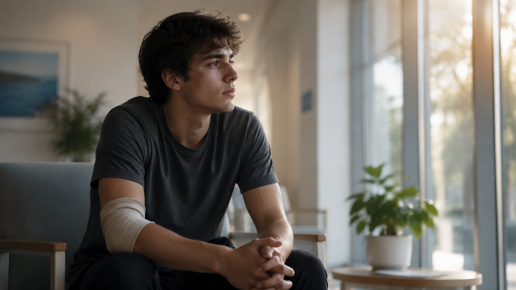 A young man with an arm bandage sitting in a quiet waiting room looking out the window.