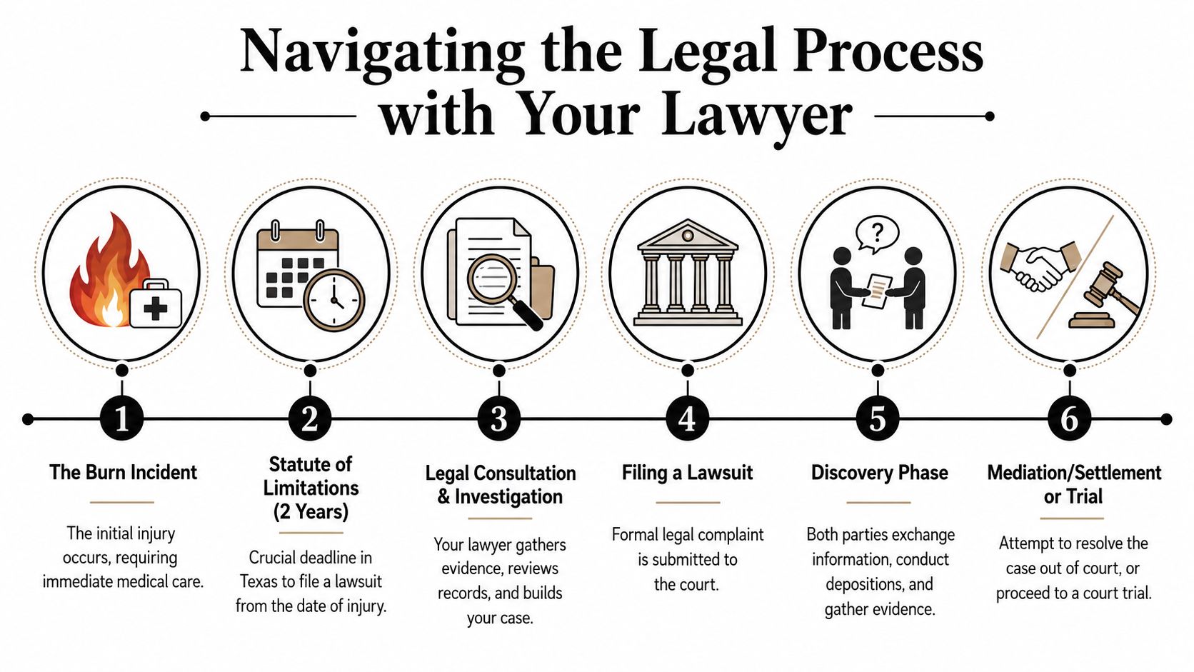 A six-step infographic illustrating the legal process for handling a burn injury lawsuit in Texas.