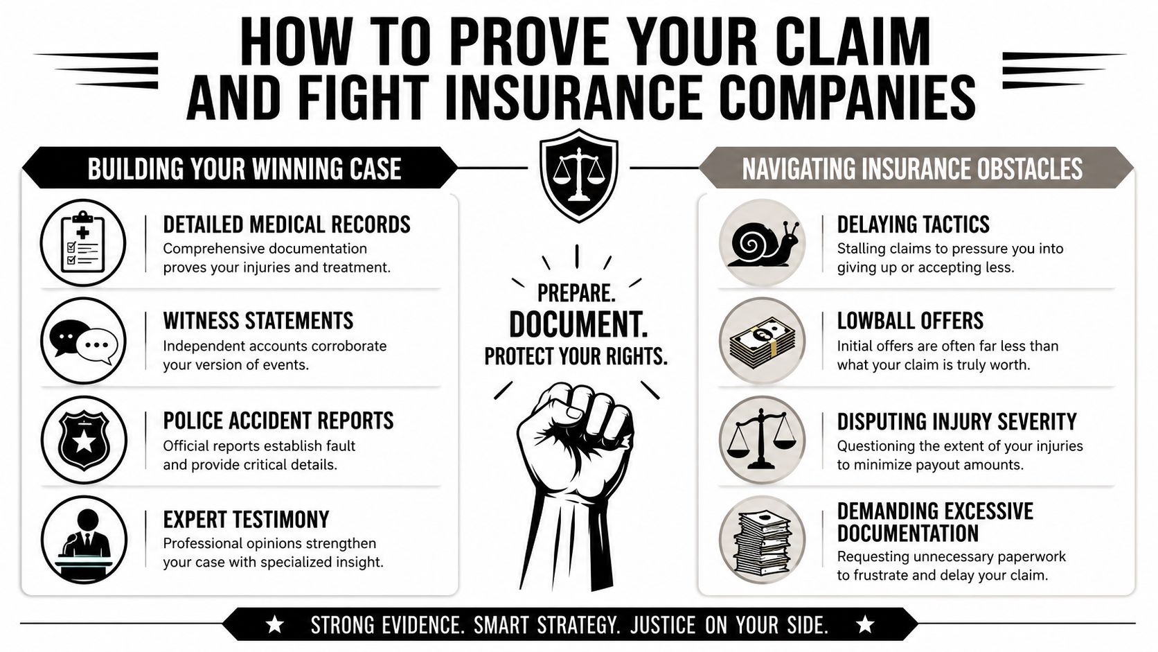 An infographic titled How to Prove Your Claim and Fight Insurance Companies, detailing strategies for insurance claims.
