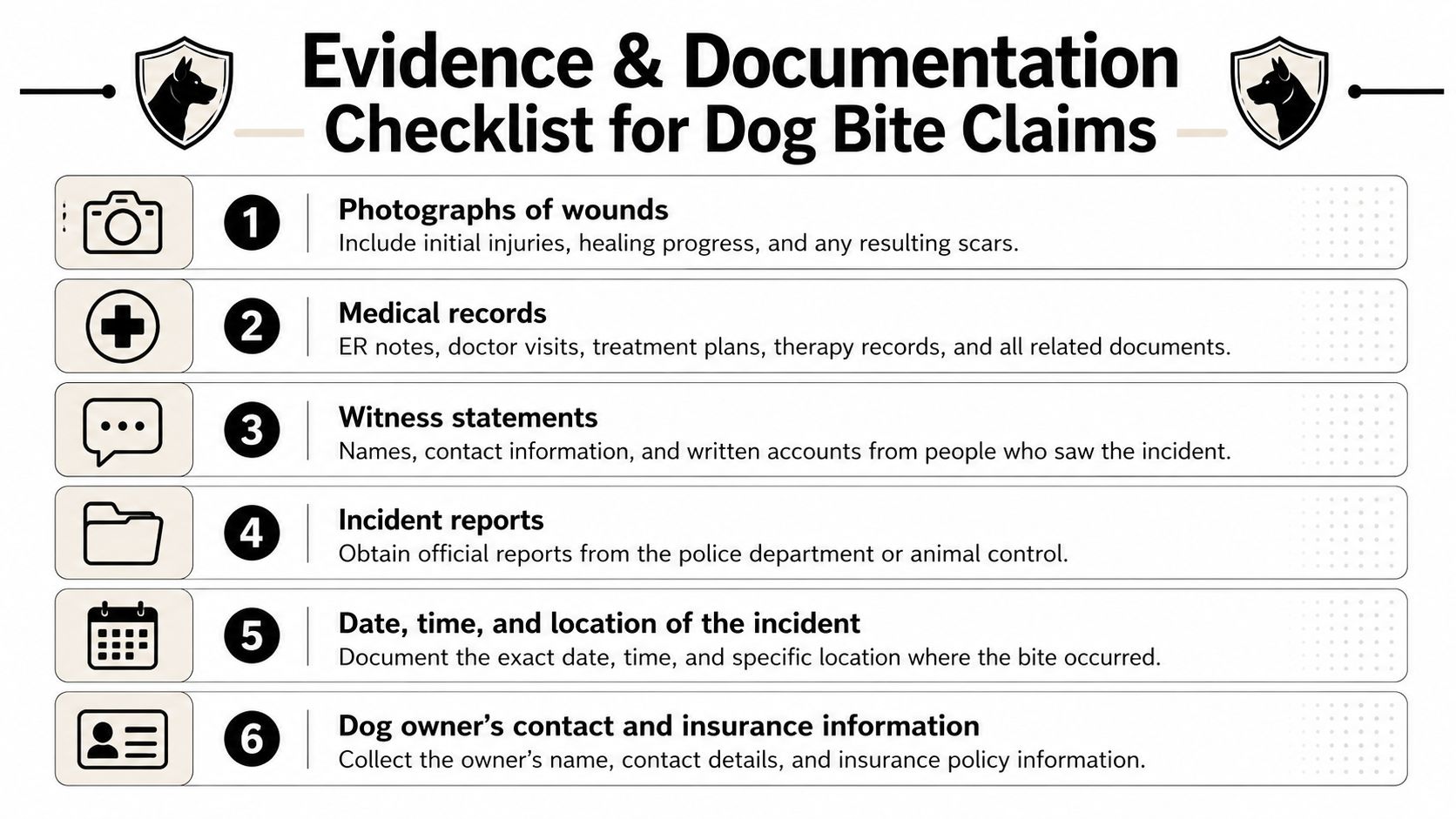 An infographic detailing essential documentation and evidence required for filing a dog bite injury claim.