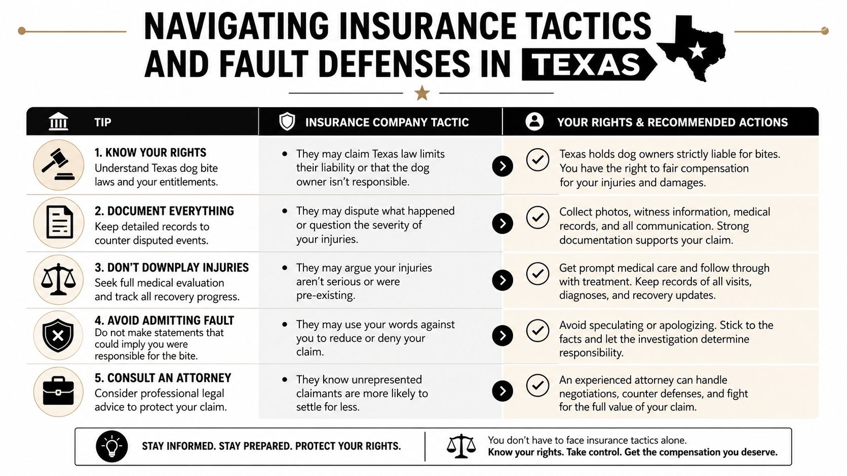 An infographic detailing essential legal tips and insurance tactics for navigating dog bite claims in Texas.