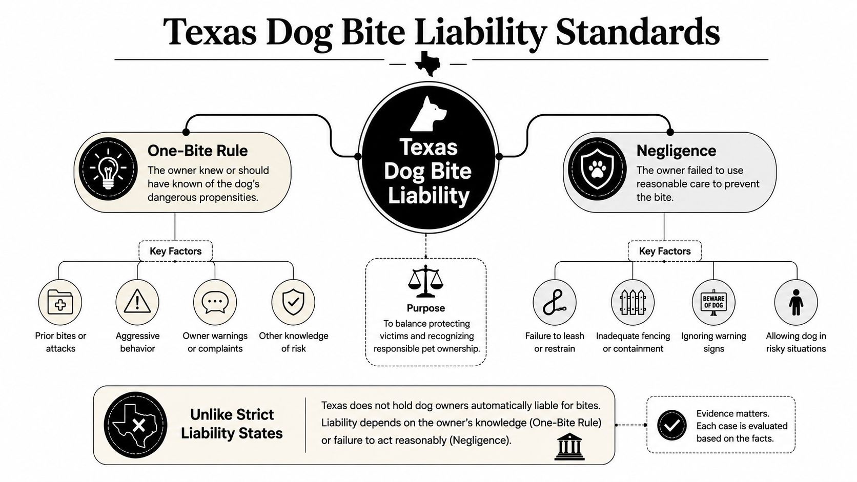 An infographic explaining Texas dog bite liability standards, including the one-bite rule and owner negligence factors.