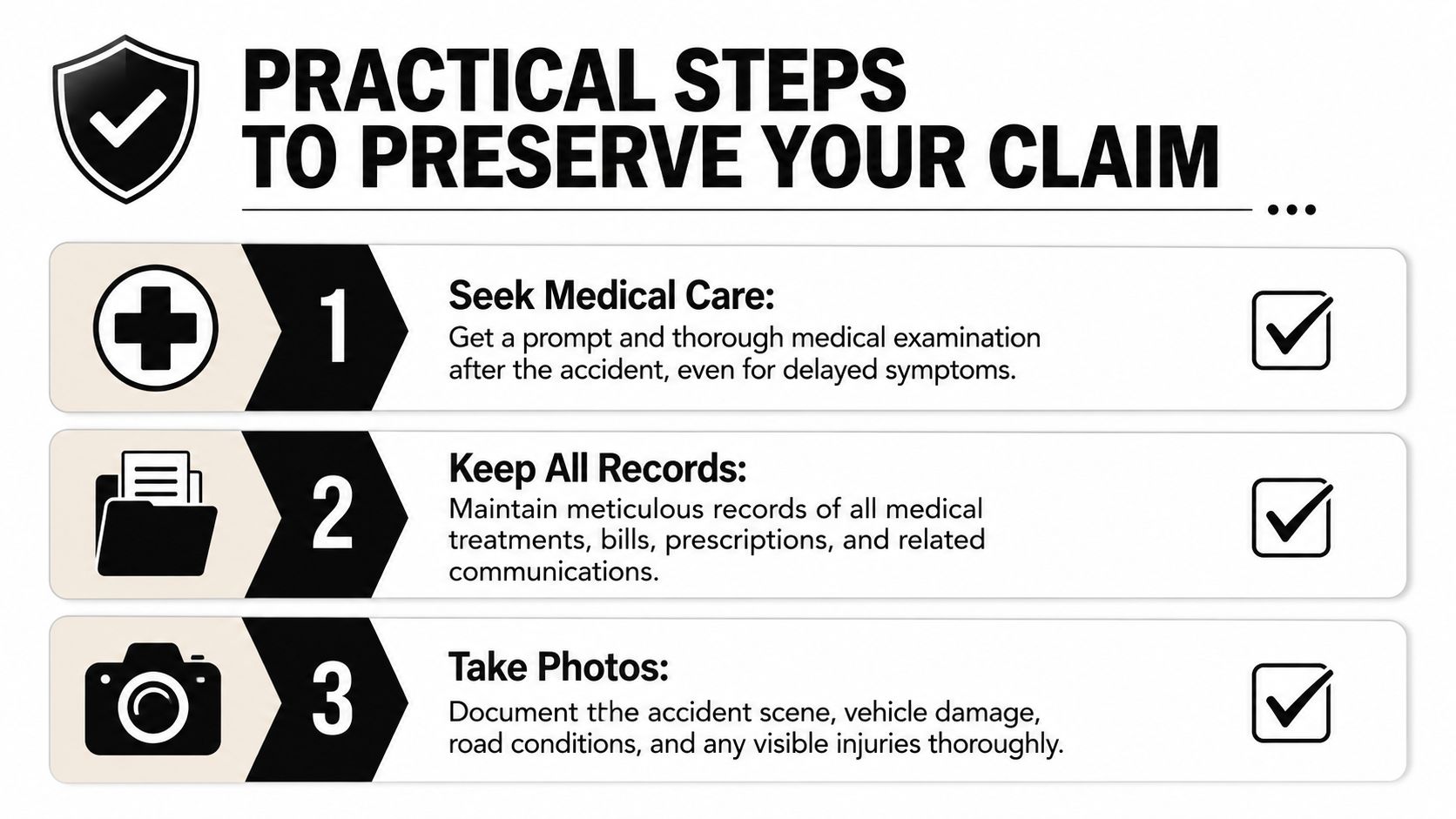 A list of three practical steps to take after a car accident to preserve your legal claim.