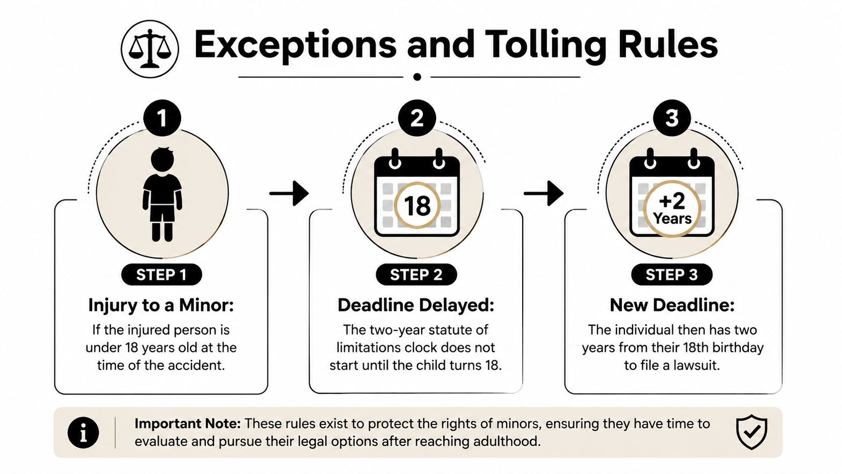 An infographic explaining the tolling rules and legal deadlines for personal injury claims involving minors.