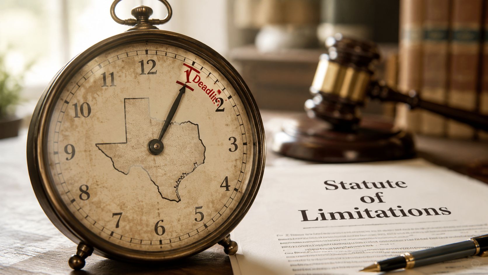 A vintage clock featuring a map of Texas and a legal gavel resting on a statute of limitations document.