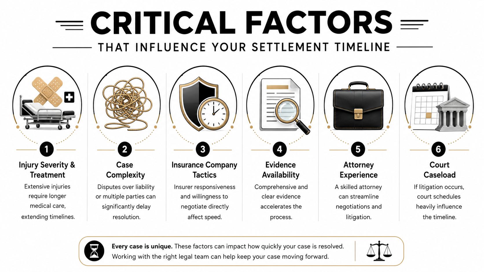 An infographic detailing six critical factors that influence the timeline of a personal injury legal settlement process.
