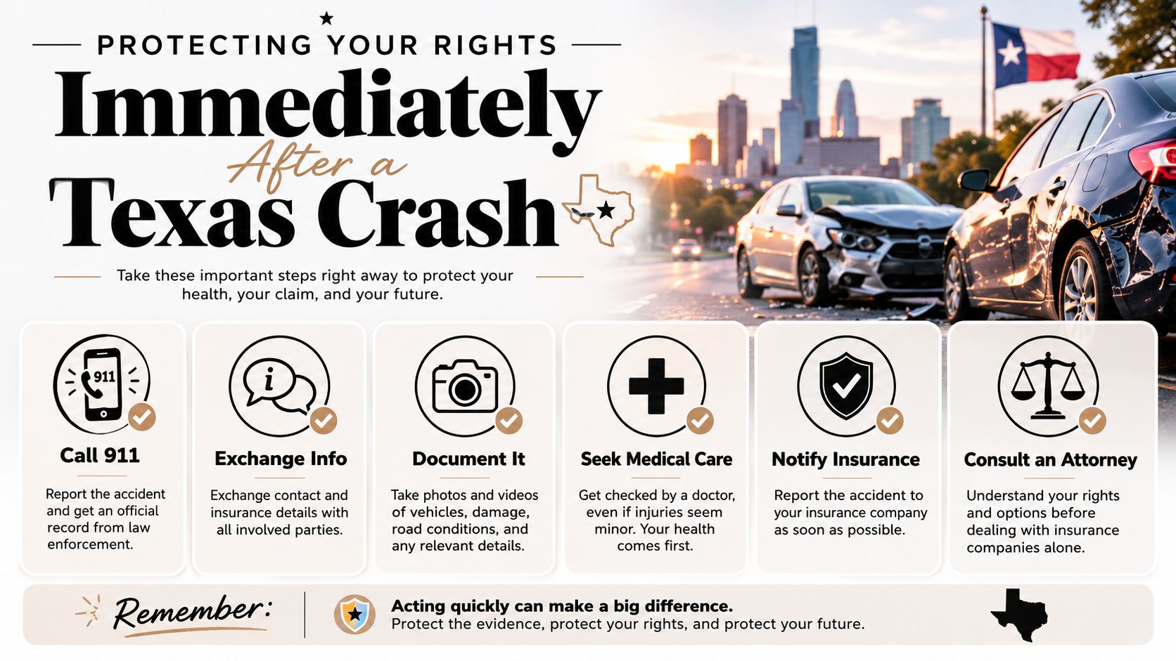 An infographic titled Protecting Your Rights Immediately After a Texas Crash with six essential safety steps.