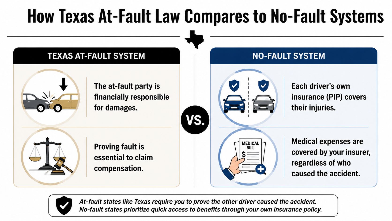 A comparison chart showing how the Texas at-fault insurance system differs from no-fault insurance systems.