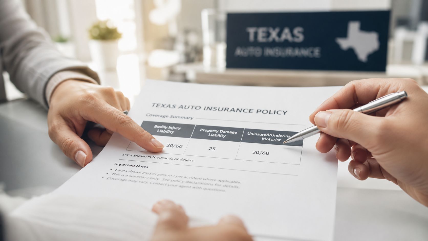 A person pointing at Texas auto insurance policy coverage details while discussing with an insurance agent.