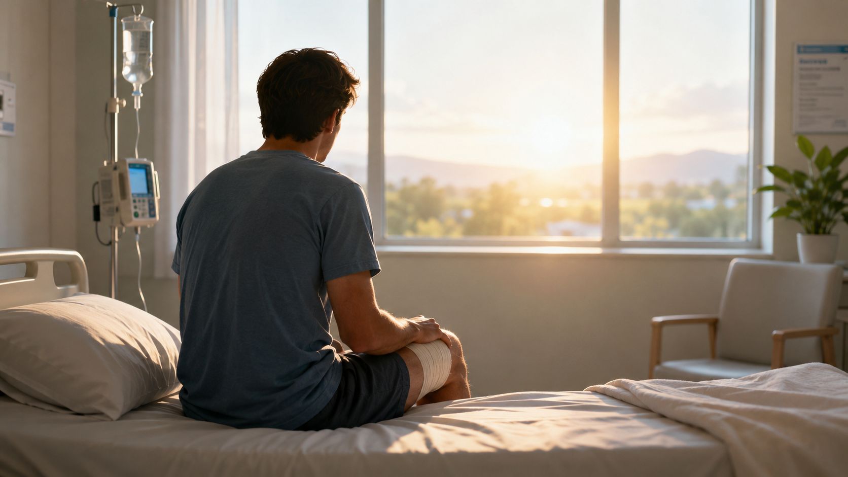 A patient with a bandaged leg sitting on a hospital bed and looking out the window at sunset.