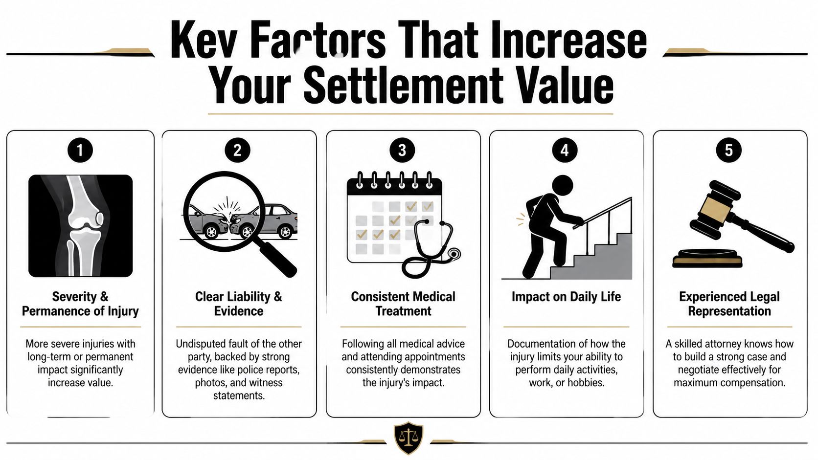 An infographic showing five key factors that increase the financial value of a personal injury settlement.