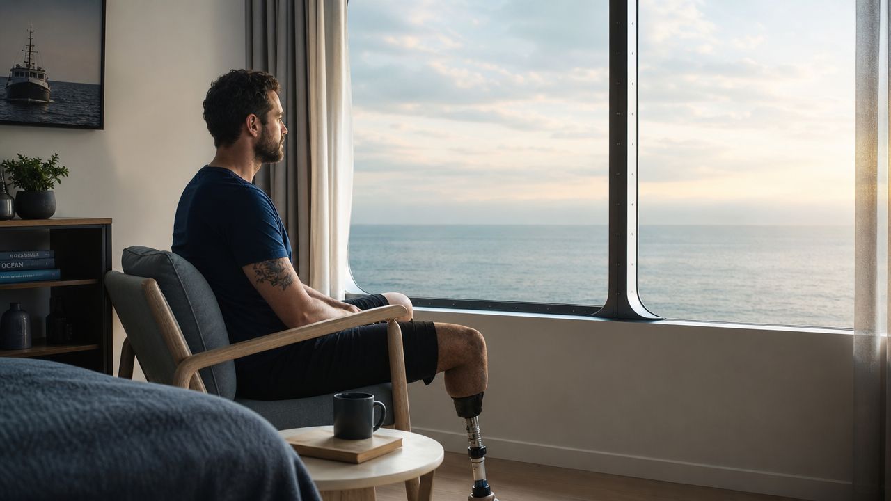A man with a prosthetic leg sits in an armchair looking out at the calm ocean.